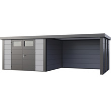 Gartenhaus Classico 3330 inkl. Lounge 3330 rechts mit Seitendach, Rück- und Seitenwand inkl. Fenster 691 x 318 cm lichtgrau