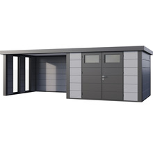 Gartenhaus Classico 3330 inkl. Lounge 3330 links mit Seitendach, Rück- und Seitenwand inkl. Fenster 691 x 318 cm lichtgrau