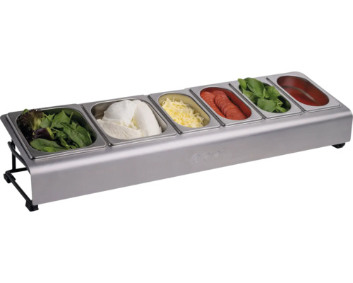 Edelstahl-Behälter mit Zutaten wie Salat, Mozzarella, Käse, Salami, Basilikum und Tomatensoße