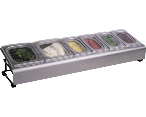 Pizzabelag-Station mit sechs Behältern und verschiedenen Zutaten