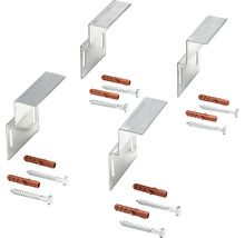 Drei Z-förmige Metallwinkel mit Dübeln und Schrauben