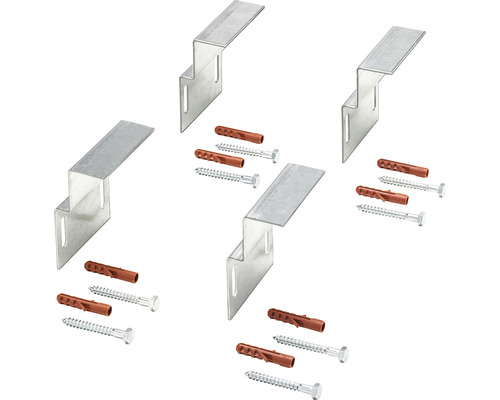 Drei Z-förmige Metallwinkel mit Dübeln und Schrauben