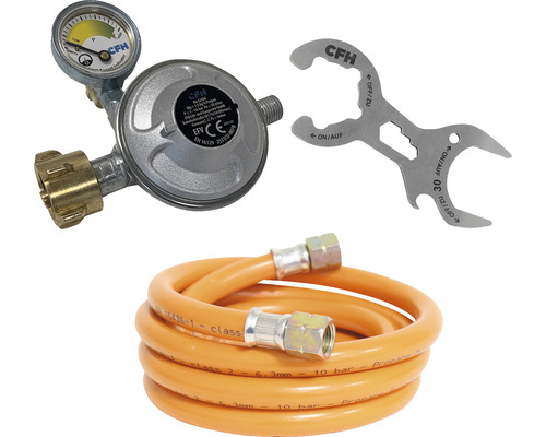 3-teiliges Set für Gasgrill & Camping – Druckregler 50mbar inkl. Gasschlauch und Gasflaschenschlüssel Gasdruckregler mit Gasschlauch und Schlüssel