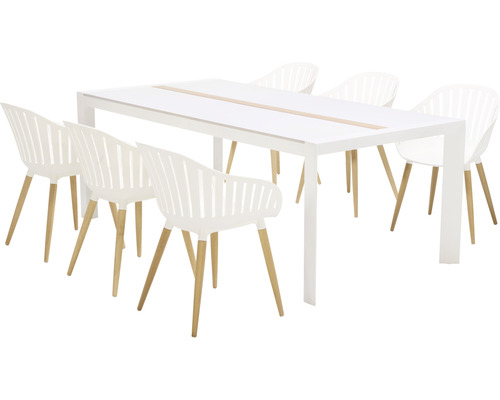 Ensemble repas Garden Place Emmi 6 places comprenant: 6 chaises, table aluminium bois composite plastique blanc