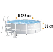 Kit de piscine tubulaire ronde Intex avec échelle, pompe de filtration et les dimensions diamètre 366 centimètres et hauteur 99 centimètres.