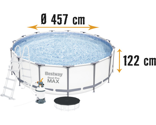 Ensemble de piscine tubulaire hors sol Bestway Steel Pro MAX™ ronde Ø 457x122 cm avec groupe de filtration à sable, échelle et bâche de recouvrement gris clair-0