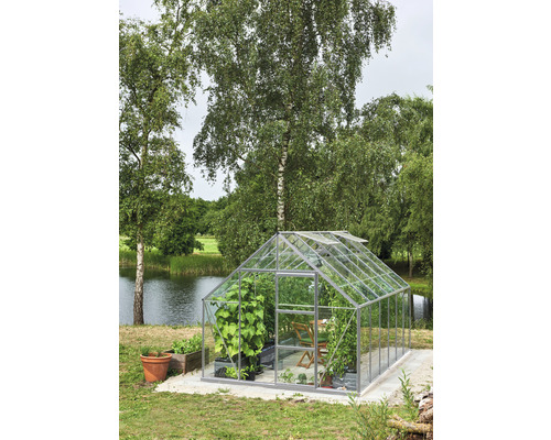 Serre avec des plantes dans le jardin au bord du lac