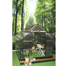 Gewächshaus mit Pflanzen und Sitzgruppe im Garten