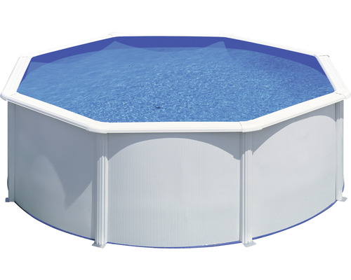Ensemble de piscine hors sol à paroi en acier Gre ronde Ø 300x120 cm avec épurateur à cartouche, skimmer et échelle avec plateforme blanc