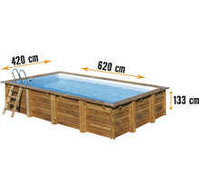 Ensemble de piscine hors sol en bois Gre rectangulaire 620x420x133 cm avec groupe de filtration à sable, skimmer, échelle, sable de filtration et intissé de protection du sol bois-thumb-0