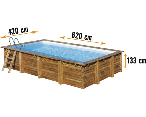 Ensemble de piscine hors sol en bois Gre rectangulaire 620x420x133 cm avec groupe de filtration à sable, skimmer, échelle, sable de filtration et intissé de protection du sol bois-0