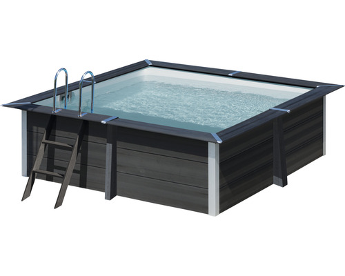 Ensemble de piscine hors sol en bois composite Gre rectangulaire 326x326x94 cm avec groupe de filtration à sable, skimmer, échelle, sable de filtration et intissé de protection du sol gris