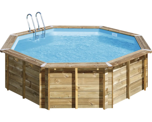 Ensemble de piscine hors sol en bois Gre ronde Ø 500x127 cm avec groupe de filtration à sable, skimmer, échelle, sable de filtration & intissé de protection du sol bois
