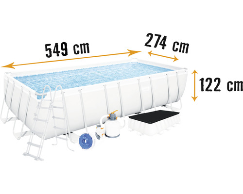 Kit de piscine hors sol tubulaire Bestway Power Steel™ rectangulaire 549 x 274 x 122 cm avec groupe de filtration à sable, doseur de produits chimiques ChemConnect, échelle et bâche de protection gris