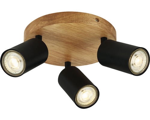 Spot de plafond bois/métal Rondell 3 ampoules Ø 190 mm Kullig noir