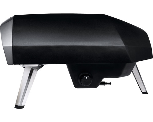 Schwarzer Pizzaofen mit Gasanschluss und silberfarbenen Füßen.