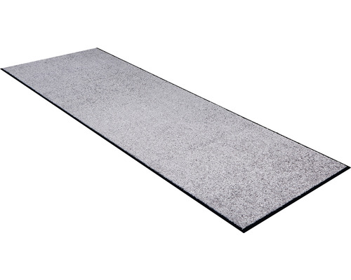 Tapis de couloir gris avec bordure foncée.