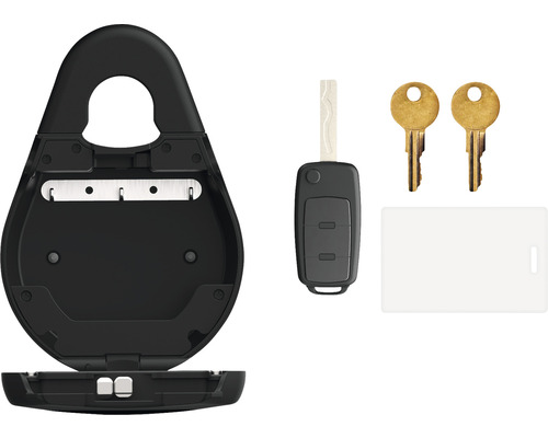 Boîte à clés avec clé de voiture, clés de maison et étiquette blanche