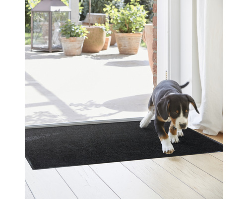 Schwarze Fußmatte vor einer Terrassentür mit einem Hundewelpen, der darauf steht.