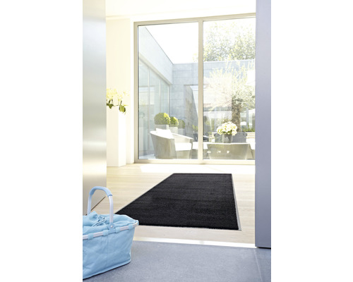 Tapis noir dans l''entrée d''une maison avec vue sur un jardin