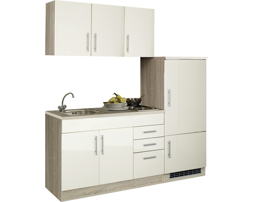 Held Möbel Singleküche mit Geräten Toronto 180 cm creme hochglanz zerlegt 908.6509 Komplette Küchenzeile mit Spüle, Kochfeld und Kühlschrank