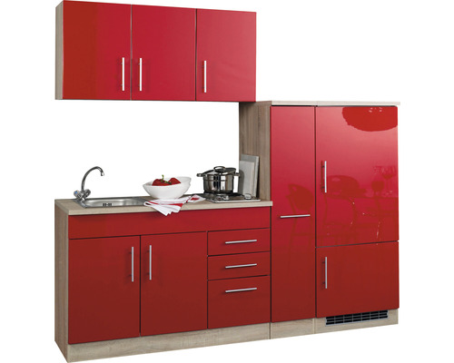 Held Möbel Küchenzeile mit Geräten Toronto 210 cm Frontfarbe rot Hochglanz  Korpusfarbe sonoma eiche - HORNBACH Luxemburg