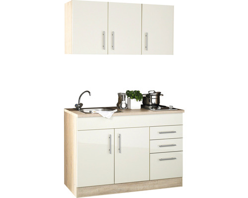 Cuisine compacte avec évier, plaque de cuisson, meubles bas, tiroirs et meubles hauts pour petits espaces