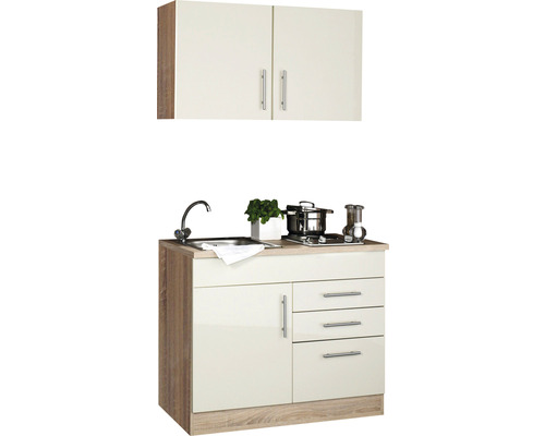 Cuisine compacte avec évier, plaque de cuisson et espace de rangement