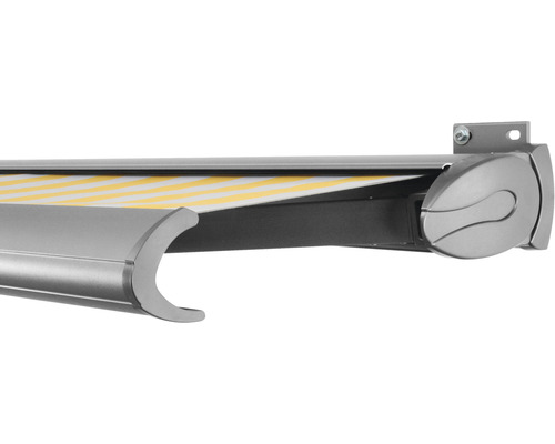 SOLUNA Kassettenmarkise Exclusiv 4,5x2,5 Stoff Dessin 1012 Gestell Silber E6EV1 eloxiert Antrieb rechts inkl. Motor und Wandschalter