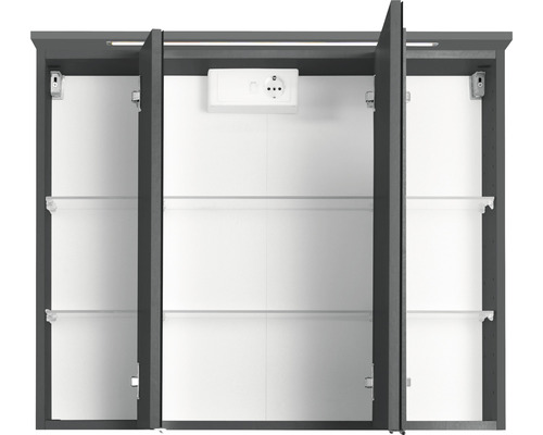 Offener Spiegelschrank mit Einlegeböden und Steckdose
