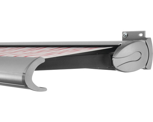 SOLUNA Kassettenmarkise Exclusiv 4x2,5 Stoff Dessin 7838 Gestell Silber E6EV1 eloxiert Antrieb rechts inkl. Motor und Wandschalter