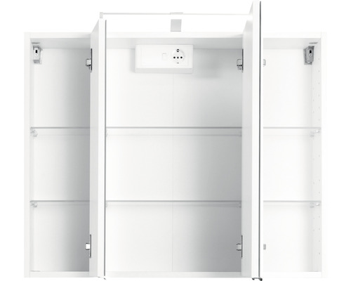 Armoire de toilette ouverte avec prise et étagères en verre