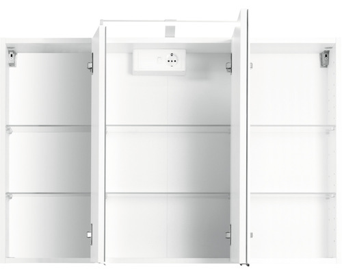 Armoire de toilette blanche ouverte avec étagères en verre et prise de courant