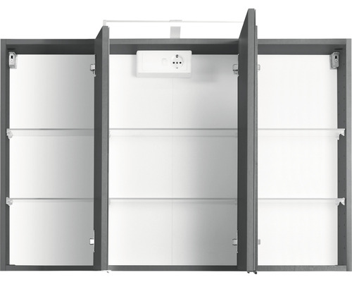 Spiegelschrank mit drei Türen, Steckdose und Glasablagen zur Badezimmerausstattung