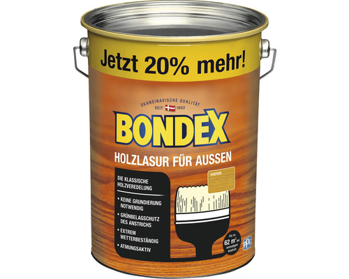 Lasure pour bois BONDEX pin 4,8 l (20 % gratuit !) Lasur pour bois extérieur Bondex dans un seau métallique