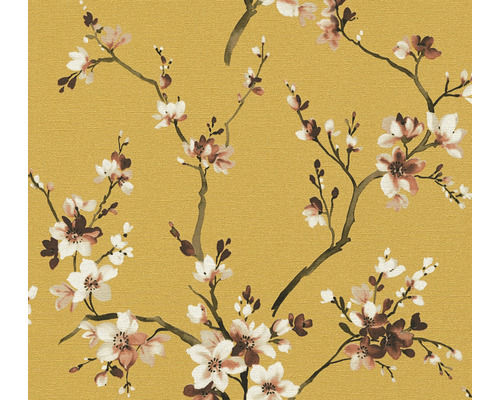 Papier peint intissé 38520-1 Desert Lodge branche de fleurs jaune moutarde