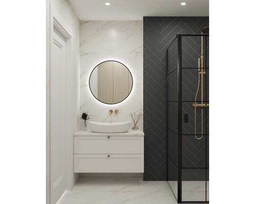 Salle de bains moderne avec meuble-lavabo, miroir avec éclairage et cabine de douche