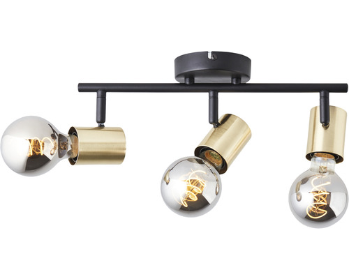 Plafonnier avec trois spots, douilles dorées et lampes rondes