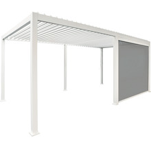 Pergola autoportante en aluminium blanc avec un écran latéral pour la protection solaire