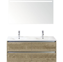 Badmöbel-Set Sanox Dante BxHxT 121 x 170 x 46 cm Frontfarbe eiche mit Waschtisch Keramik weiß und Keramik-Doppelwaschtisch Waschtischunterschrank Spiegel mit LED-Beleuchtung