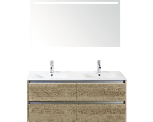Badmöbel-Set Sanox Dante BxHxT 121 x 170 x 46 cm Frontfarbe eiche mit Waschtisch Keramik weiß und Keramik-Doppelwaschtisch Waschtischunterschrank Spiegel mit LED-Beleuchtung