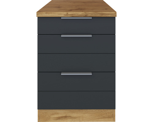 Meuble bas avec quatre tiroirs en aspect bois et façades grises