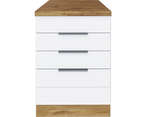 Commode à trois tiroirs, bois et métal