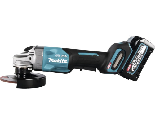 Akkubetriebener Winkelschleifer mit Schleifscheibe und Makita Logo