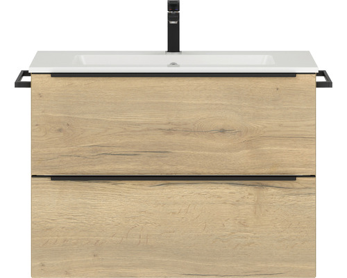 Badmöbel-Set NOBILIA Programm 1 BxHxT 81 x 59,1 x 48,7 cm Frontfarbe eiche natur mit Möbel-Waschtisch weiß Griffleiste schwarz Waschtischunterschrank mit zwei Schubladen, Waschtisch und Armatur