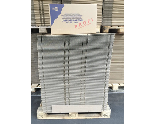 Stapel flacher Umzugskartons auf einer Palette mit einem aufgebauten Karton obenauf