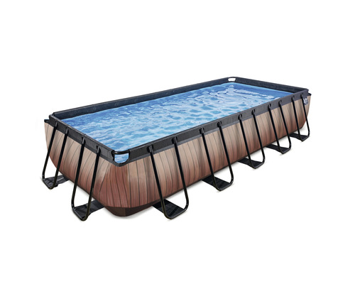 Piscine à cadre rectangulaire avec aspect bois et cadre en acier