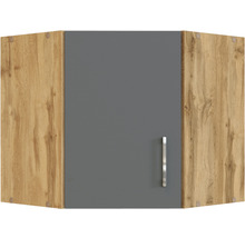 Élément haut d''angle avec porte grise et décor bois