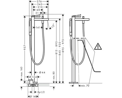 Technische Zeichnung einer freistehenden Badewannenarmatur mit Maßangaben