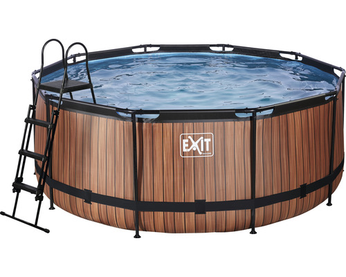 Kit piscine hors sol tubulaire EXIT WoodPool rond Ø 360x122 cm avec groupe de filtration à sable et échelle aspect bois